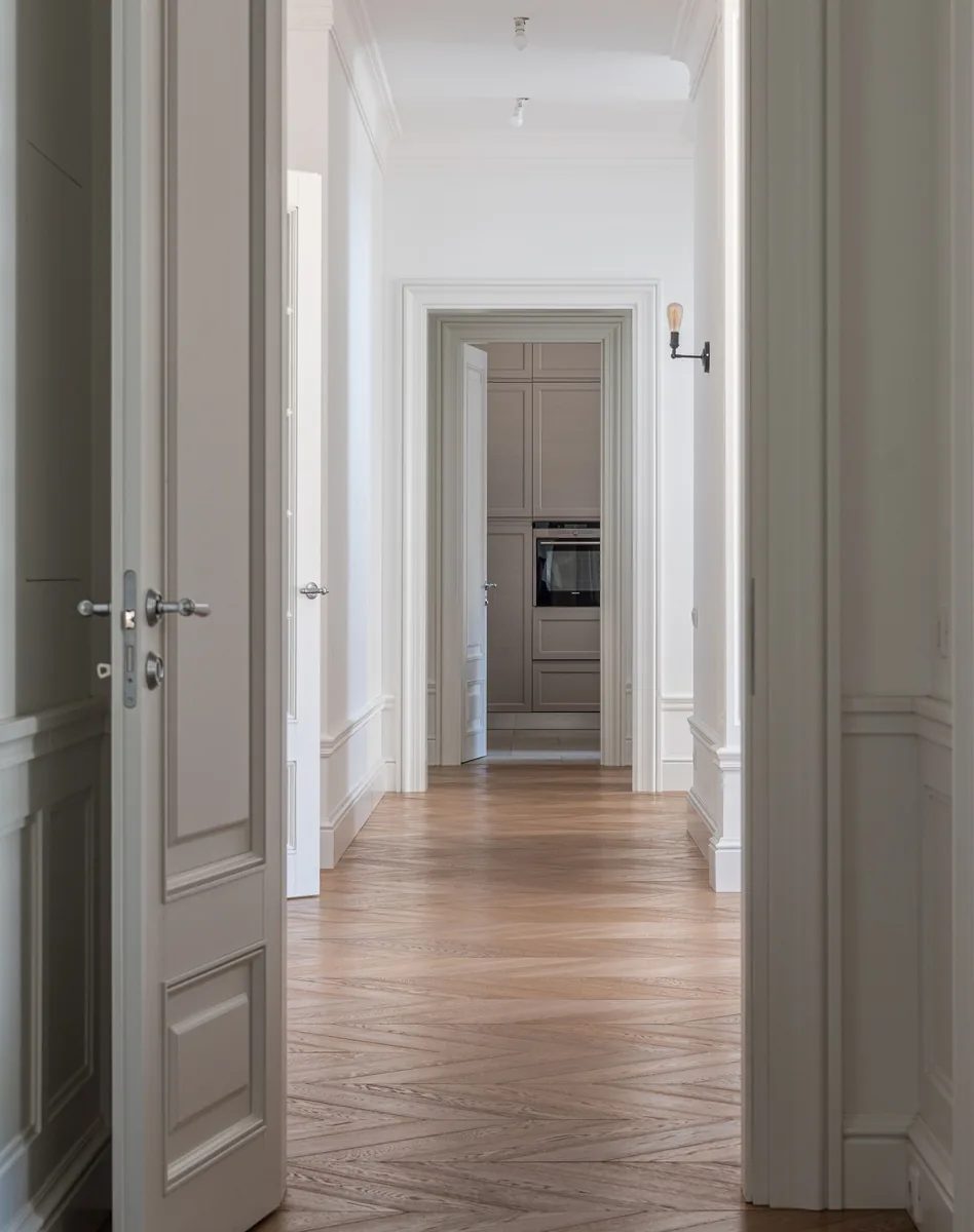 Bright hallway wooden flooring white walls leading, hardwood flooring