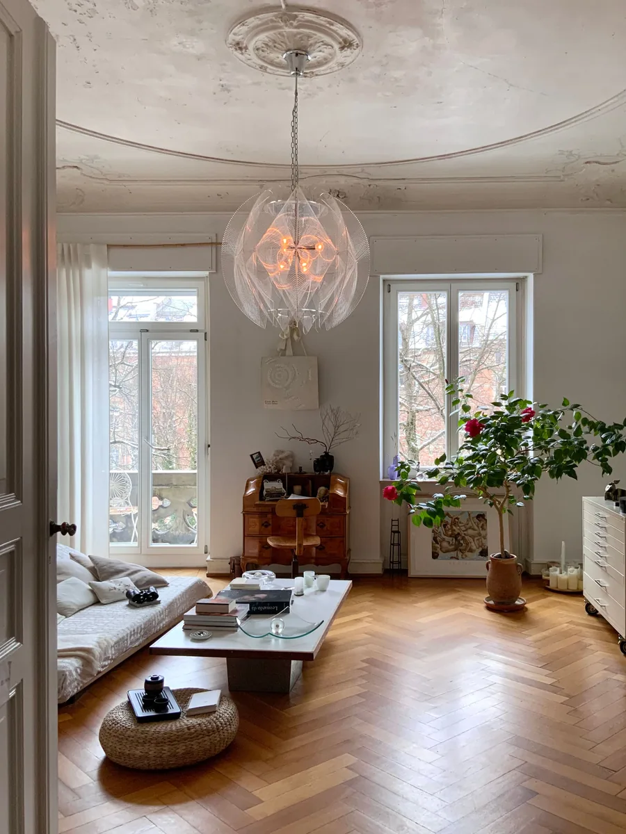 Stylish living room minimalist decor parquet, hardwood flooring