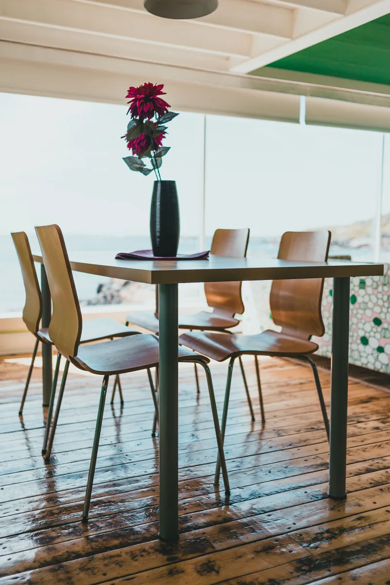 Stylish modern dining area wooden chairs floral, vinyl flooring