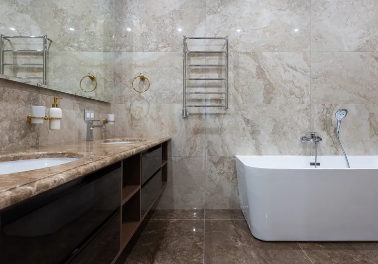 Interior contemporary bathroom marble walls floor, tile flooring