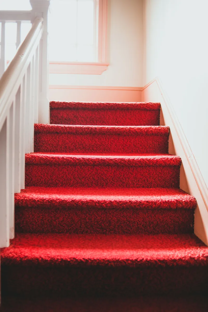 A staircase covered in red carpet, each tread wrapped tightly over the nose, with a white banister and a sunlit window at the landing