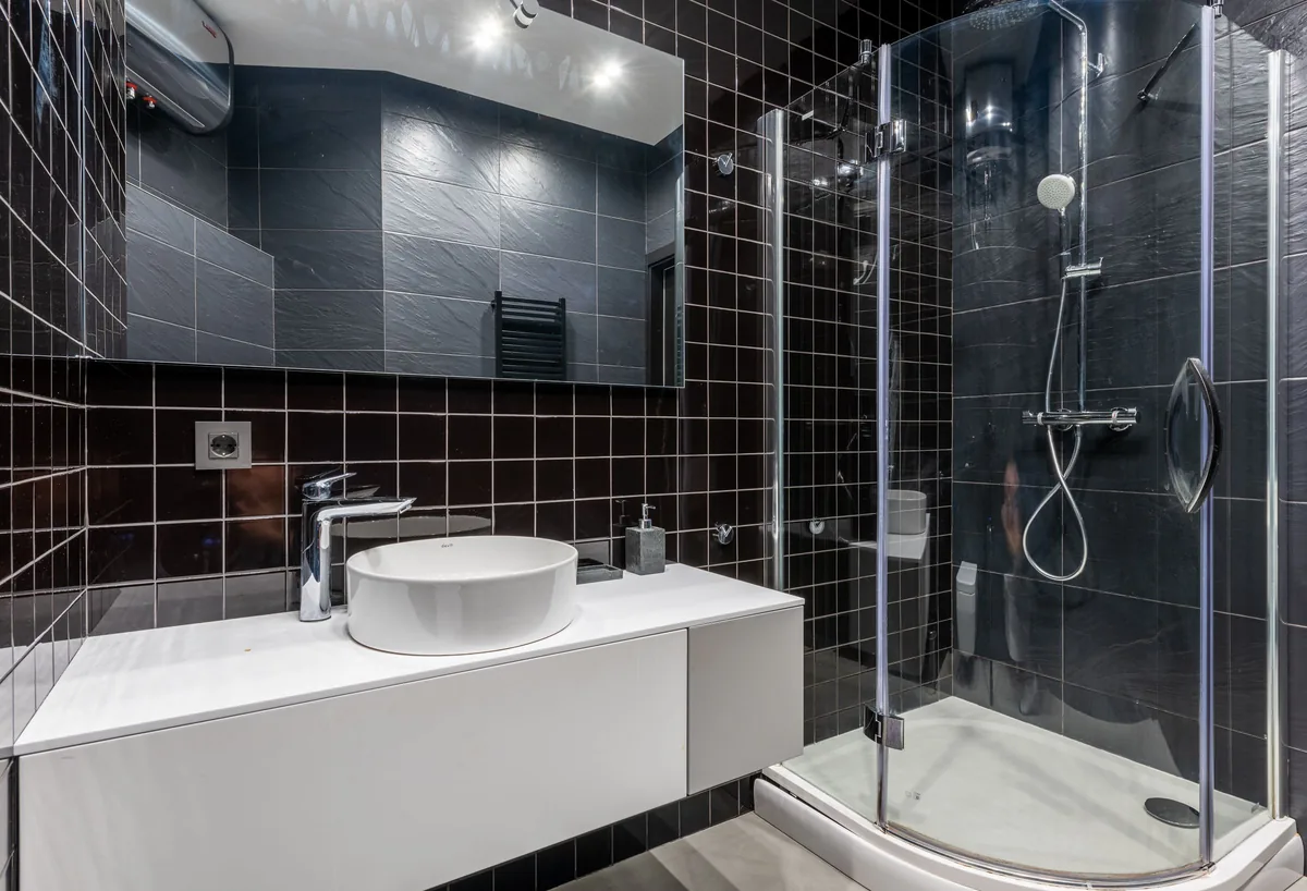 Interior stylish modern bathroom ceramic sink with new flooring