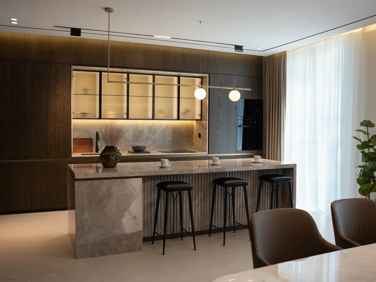 Sleek modern kitchen marble island stylish lighting with new countertops