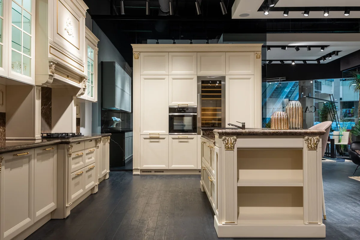 Contemporary stylish kitchen interior designed with new flooring