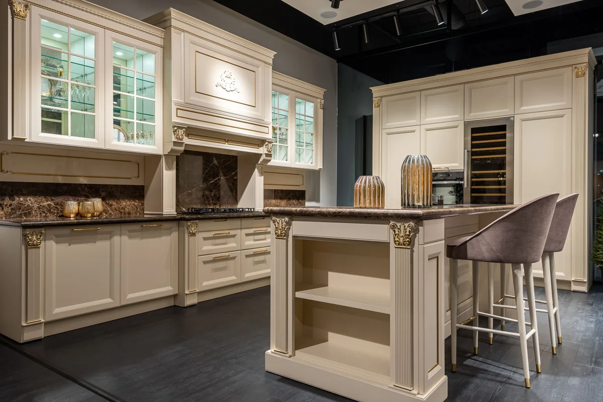 Interior design modern spacious kitchen white with new flooring