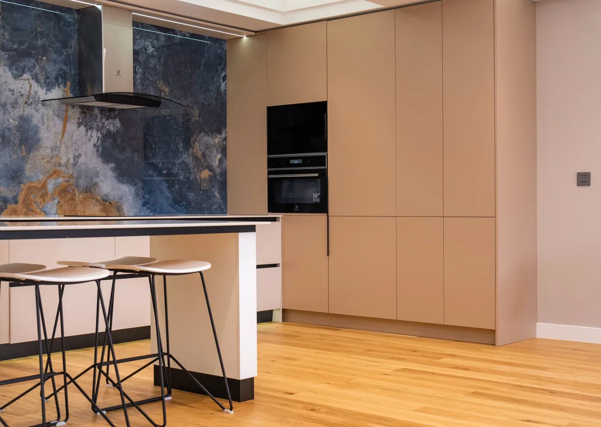 Sophisticated kitchen design featuring minimalist with new flooring